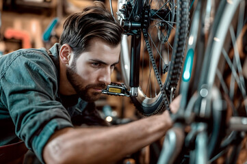 Obraz premium Male mechanic in a bicycle repair shop, using a special tool with gloves. Perfect for educational content on bike maintenance, showcasing the expertise required for proper repairs