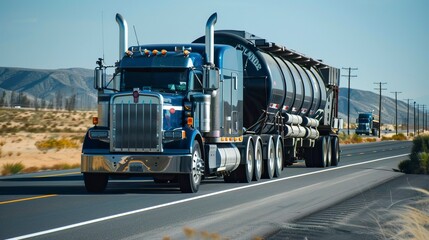 American style truck on freeway pulling load, sunseys
