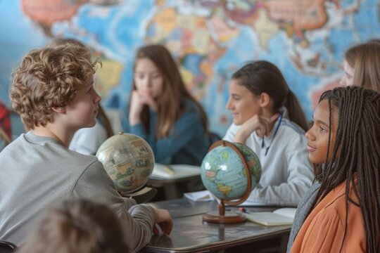 Engaged High School Students Debating in Social Studies Class with Maps, Globes, Educational Artifacts