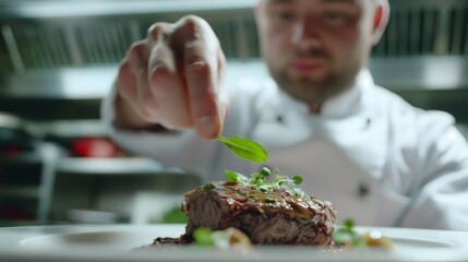 Chef cook putting a fresh leaf onto a dish at a restaurant kitchen, making final touches