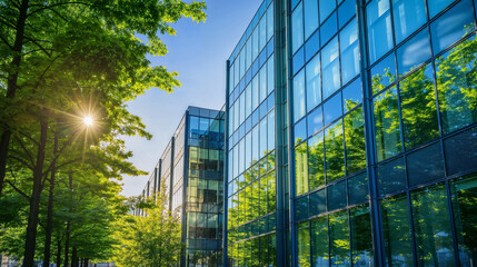 Exterior of corporate office building made of glass and steel with green trees in the street