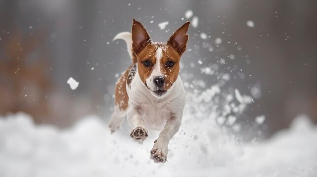 American staford terrier jump in high speed in winter snow, staford
