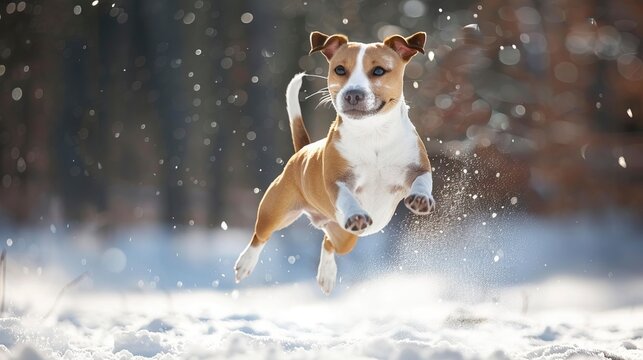 American staford terrier jump in high speed in winter snow, staford