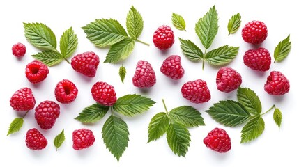 Red raspberries and green leaves arranged together on a white background