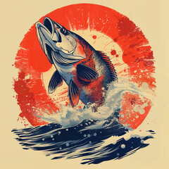 A fish is jumping out of the water in a splash. T-shirt print design