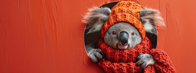 Koala in cozy winter clothes on red background. Warm and cute animal portrait. Concept for nature lovers.