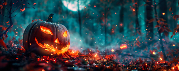 Spooky jack-o'-lantern in a magical glowing forest.
