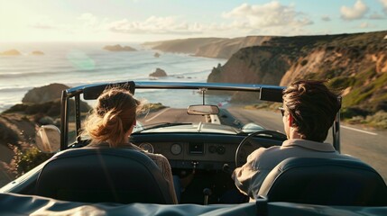 Serene Coastal Journey: Romantic Couple Driving Along Ocean Cliffs