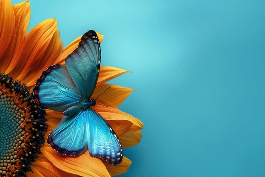 A butterfly on a sunflower, turquoise background, text space.