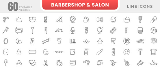 Barbershop and salon line icons collection. Beauty, hair, barber shop elements outline icon set.