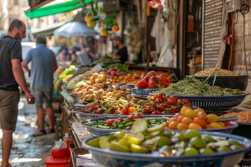 Obraz premium Bustling Mediterranean Street Food Market with Fresh Produce and Vibrant Atmosphere for Culinary Enthusiasts