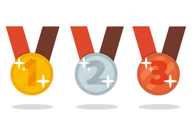 A Gold Silver Bronze gold silver bronze medal with red ribbons closeup isolated