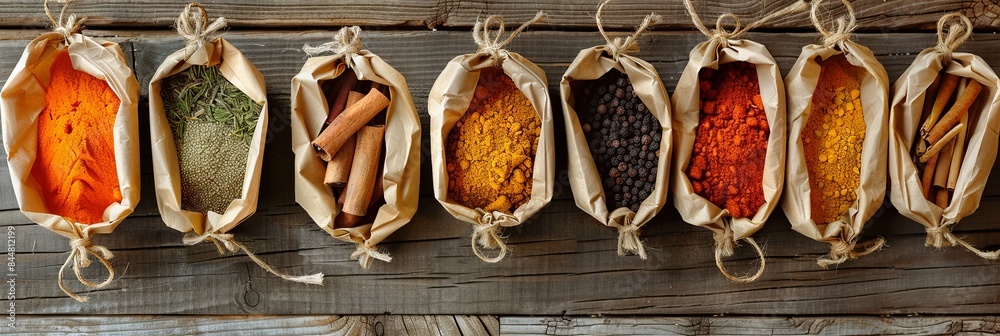 Poster An assortment of spices in open paper bags arranged on a rustic wooden surface. The spices include turmeric, paprika, cinnamon, and others. Generative AI