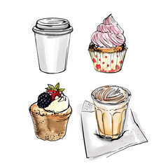 Coffee cups and pastries, buns, breakfast.. Black ink drawing on a white background.