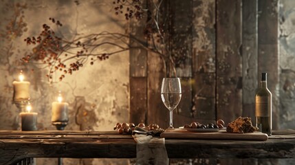 Rustic wooden atmosphere, table and plates illuminated by soft light. generative ai