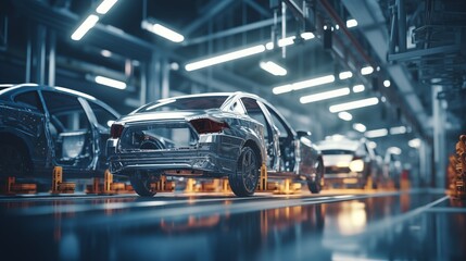 Fototapeta premium Mass Production Process, Assembly Line of Contemporary Cars in Factory.