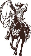 American cowboy riding horse and throwing lasso, horse drawing