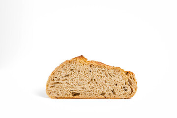 A loaf of sourdough bread cut in half