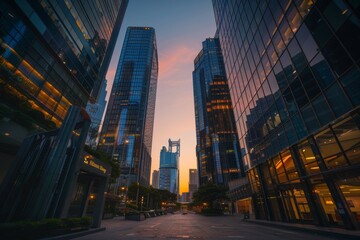 Obraz premium Sunset among modern skyscrapers in business district