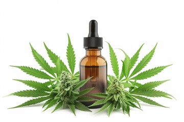 Fototapeta premium CBD Oil Bottle With Cannabis Flowers On White Background