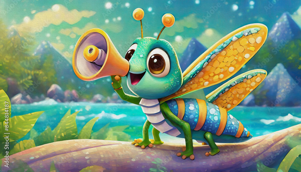 Wall mural oil painting style cartoon character cute baby grasshopper talking with megaphone - Wall murals