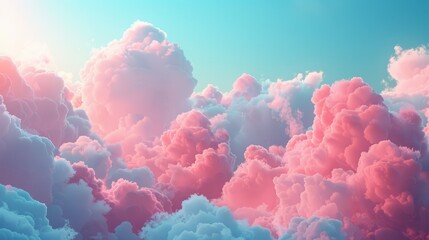 Fantastical 3D clouds with a cotton candy look in a bright blue sky, creating a soft, dreamlike and whimsical background