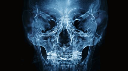 High-resolution X-ray of a human skull, showcasing detailed cranial features, with a dark background for contrast