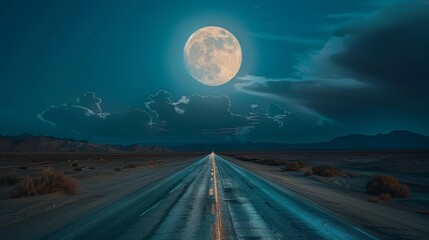 Horizon view of a road to the moon in the desert, moon glowing with craters, framed by a dark cloudy sky at night