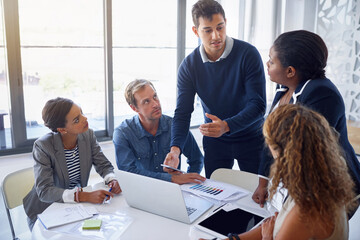 Business people, teamwork and cooperation with conversation, feedback and professional in modern office. Staff, employees and coworkers with ideas, collaboration and review with brainstorming or talk