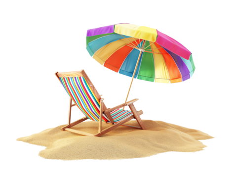Beach Chair with Colorful Striped Umbrella on Sand