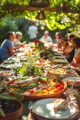 Lively Family Gathering in Mediterranean Garden Celebrating Togetherness with Fresh Dishes
