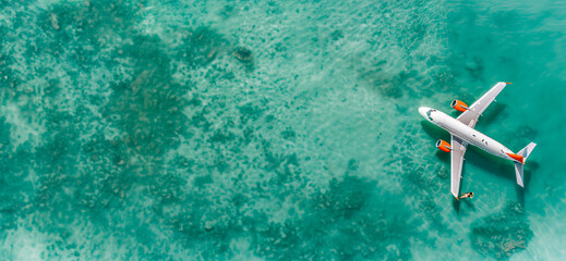 Fototapeta premium Aerial view of the beach with the shadow of a flying airplane over clear turquoise water and golden sand. Reefs and rocks
