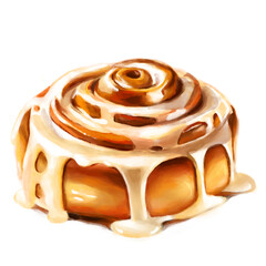 Appetizing bun with cream isolated on white background, digital watercolor