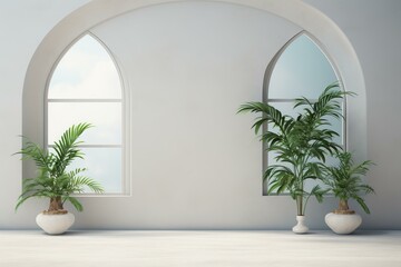 Fototapeta premium Bright, peaceful interior space featuring elegant arched windows and fresh greenery