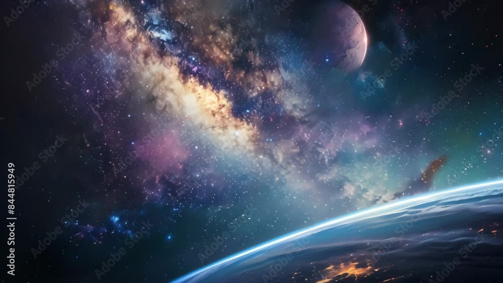 Poster stunning view of earth from space with the milky way galaxy and a distant planet. high-resolution sp