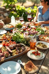 Obraz premium Lively Family Gathering in a Mediterranean Garden with Abundant Dishes Celebrating Togetherness