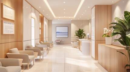Fototapeta premium Modern Clinic Waiting Area with Comfortable Seating and Educational Posters for IPL Phototherapy