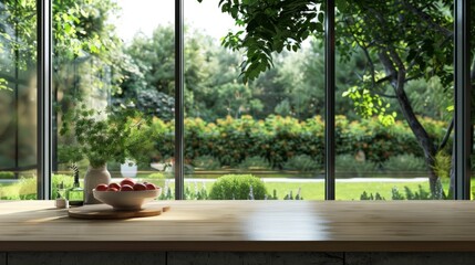 counter with a window in the background showing views of a garden generative ai