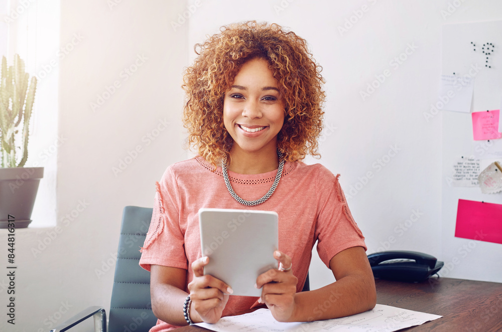 Poster Black woman, smile and portrait in office with tablet for web design, online for business email. Female entrepreneur, creative and workspace with happiness for website development, tech for startup