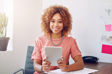 Black woman, smile and portrait in office with tablet for web design, online for business email....