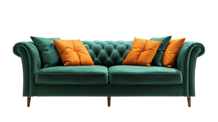 Contemporary Green Sofa with Orange Accent Pillows