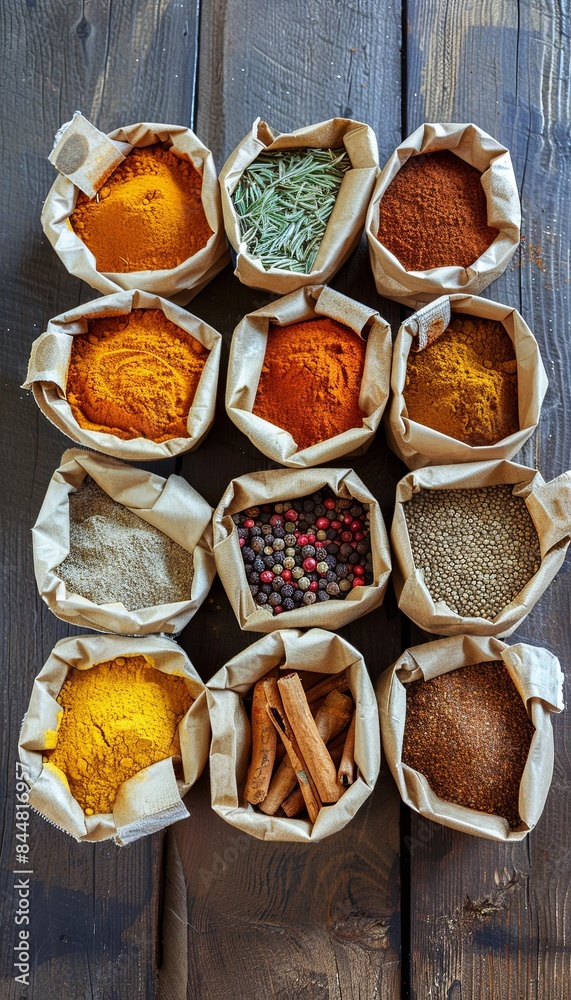 Poster an assortment of dry spices in open paper bags arranged on a weathered wooden surface. generative ai
