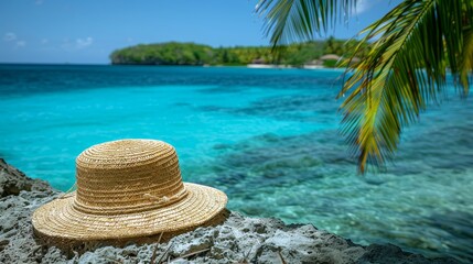 Aerial view of sunny beach with straw hats, umbrella, and palm leaves   summer getaway scene