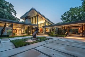A modern front home with an angular design, large glass walls, and a front courtyard with a sculpture garden.
