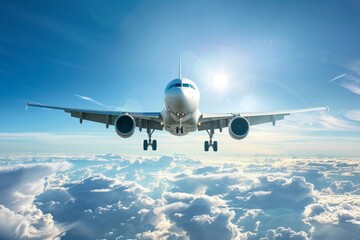 Obraz premium Modern airliner in flight in a blue sky, high altitude view. AI generative