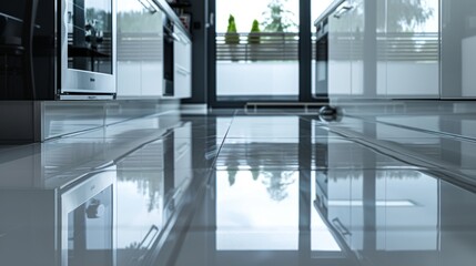 table reflected on shiny kitchen floor generative ai