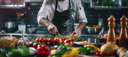 Naklejka premium Professional Chef Preparing a Colorful Ketogenic Dish with Fresh Vegetables in a High-End Kitchen