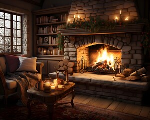Cozy living room with fireplace and firewood. 3d rendering
