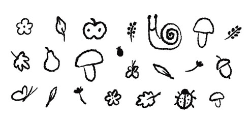 Children’s drawing of flower, birds, mushrooms and insects. Kids hand drawn nature elements. Simple vector graphic isolated on white background.