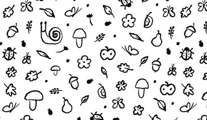 Children’s floral pattern. Hand-drawn nature elements, snail, mushrooms, leaves, and flowers on white background. Nature and forest theme for design and print. Childish background. 